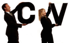 The photo shows a man and a woman carrying the letters CV as they look for their perfect job with their perfect CV